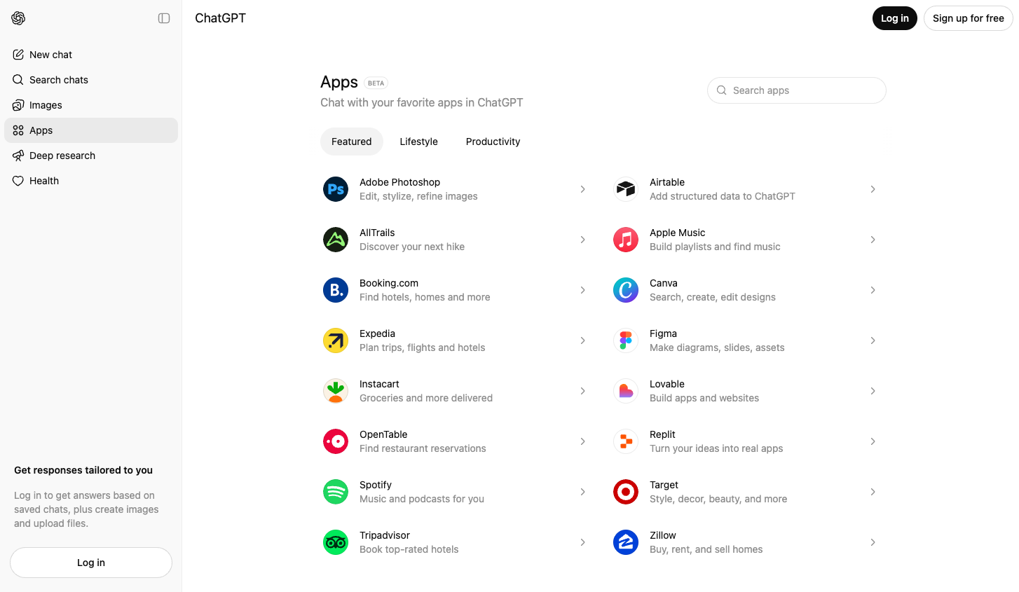 Apps area in ChatGPT (real UI).